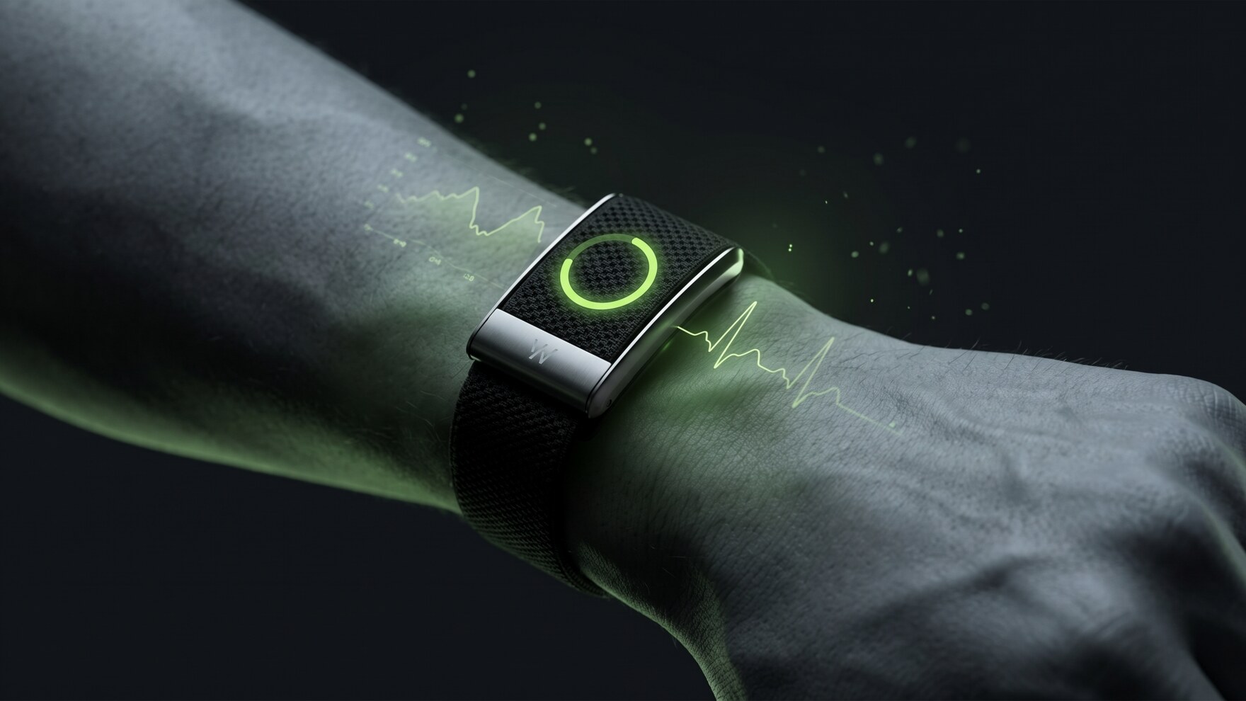 Unterarm mit schwarzem WHOOP-Band, aus dem in Grün ein Recovery-Ring und eine HRV-Welle als Biometrie-Daten strömen